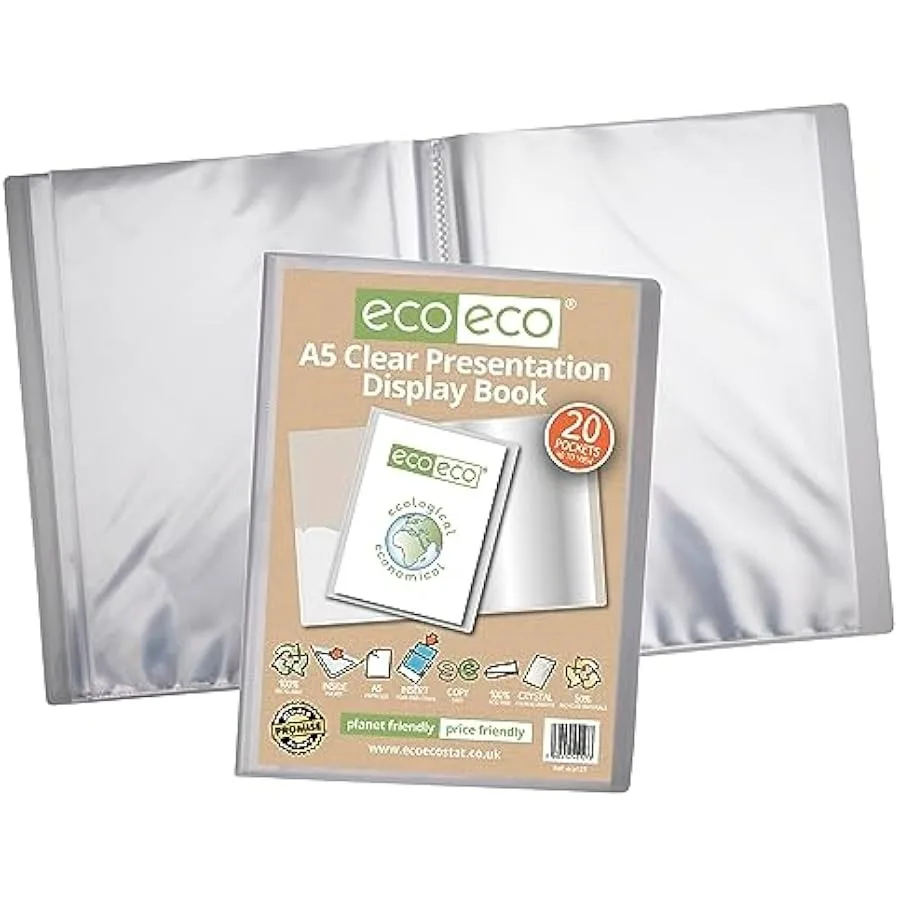 Eco-eco tamaño A5, 50 por ciento reciclado, 20 bolsillos, transparente, estuche de almacenamiento para libros, carpeta artística con plástico Sl