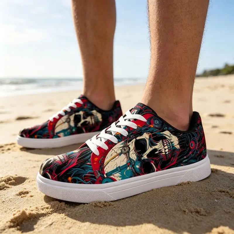Women's Sneakers Men's road running shoes，White sole printed skateboard shoes，Cyberpunk Skull Design，Lightweight and Breathable，