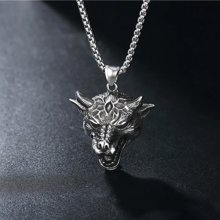 Retro Gothic Hyena Skull Pendant Necklace Men's Motorcycle Rock Punk Hip Hop Trendy Cool Jewelry