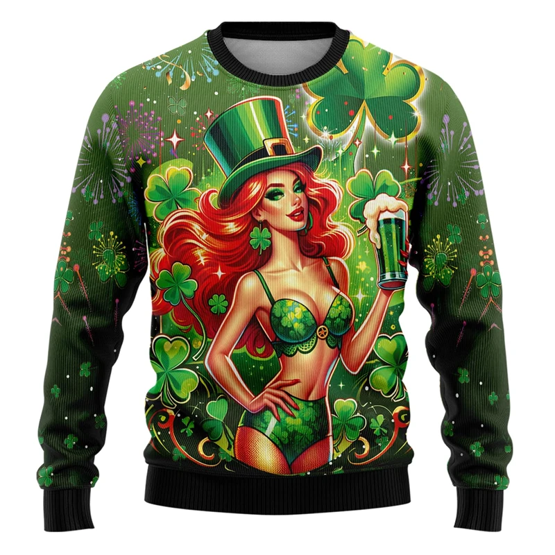 

Cute Leprechaun Graphic Sweatshirts Lucky Clover Female Ugly Christmas Hoodies St. Patrick's Day Tracksuit Casual Men's Pullover