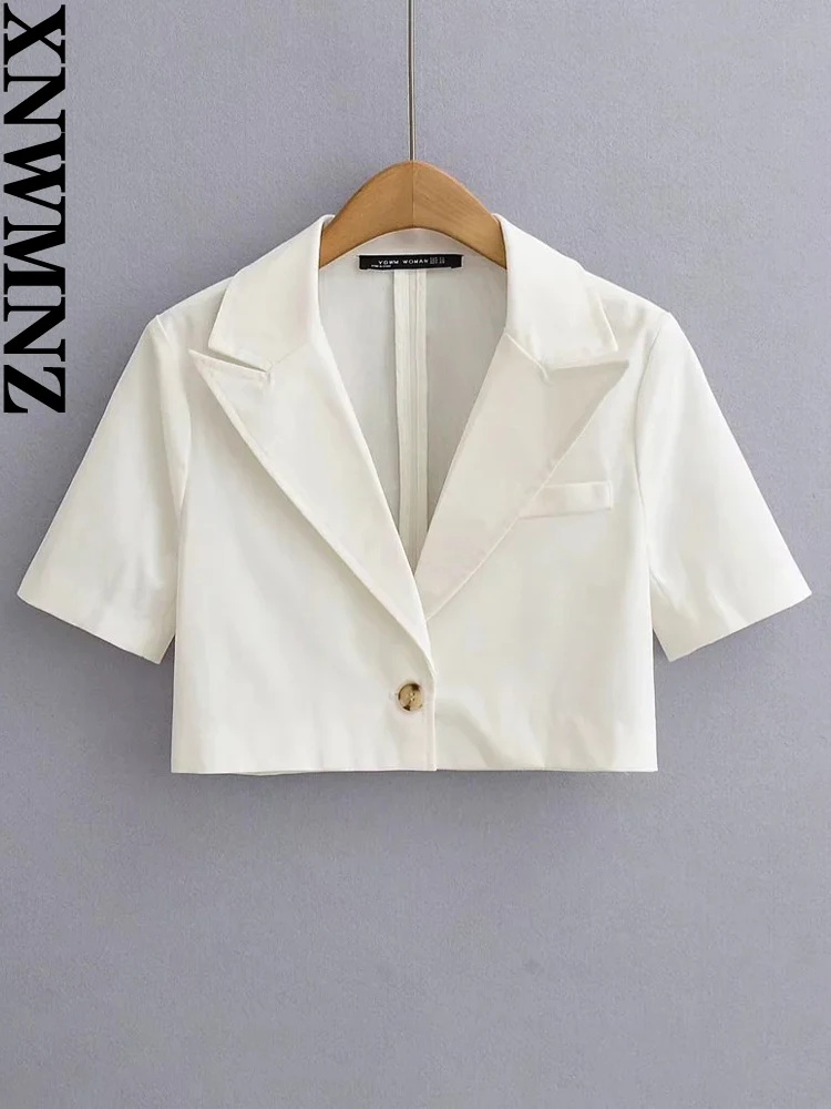 XNWMNZ 2022, chaqueta de traje corto de lino a la moda para mujer, chaqueta retro de manga corta con un solo botón y bolsillo para mujer, blazer