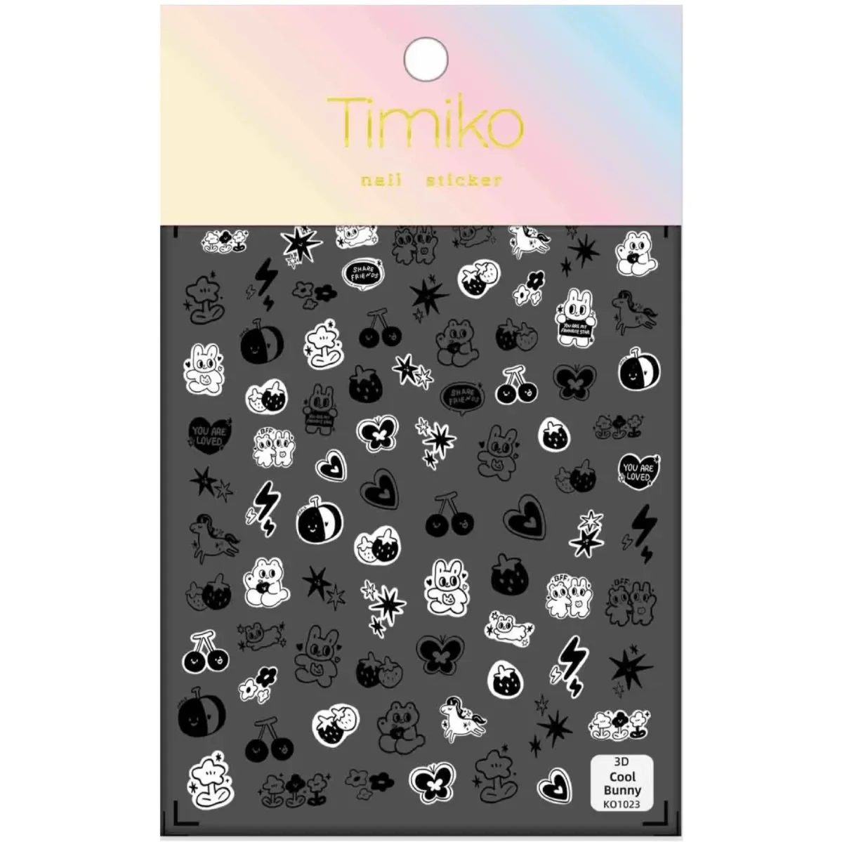 

1Pc/Wholesale 3D Cool Bunny Nail Stickers Edgy Cute Black-White Cartoon Designs with Hearts, Stars & Lightning for DIY Nail Art