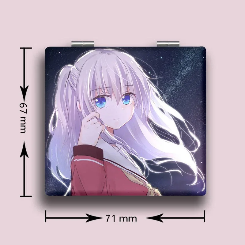 7x6cm, Charlotte, Folding Double-sided Makeup Mirror, Portable Travel, Mini Light Pocket,Anime Cute Girls Kids,Magnifying,Square