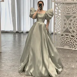 Women French Green Prom Party Night Dresses Elegant Square Neck Formal Long A-line Evening Gowns Vestidos Robe De Soiree