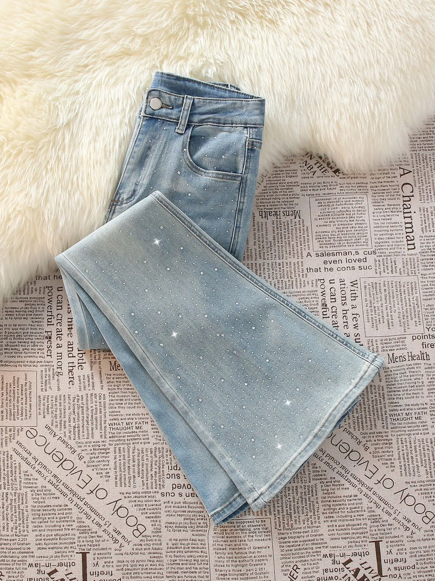 

High Waist Flared Jeans Women's Spring New Style Slimming Not Legging Heavy Work Rhinestone Floor-Length Pants Commute Style