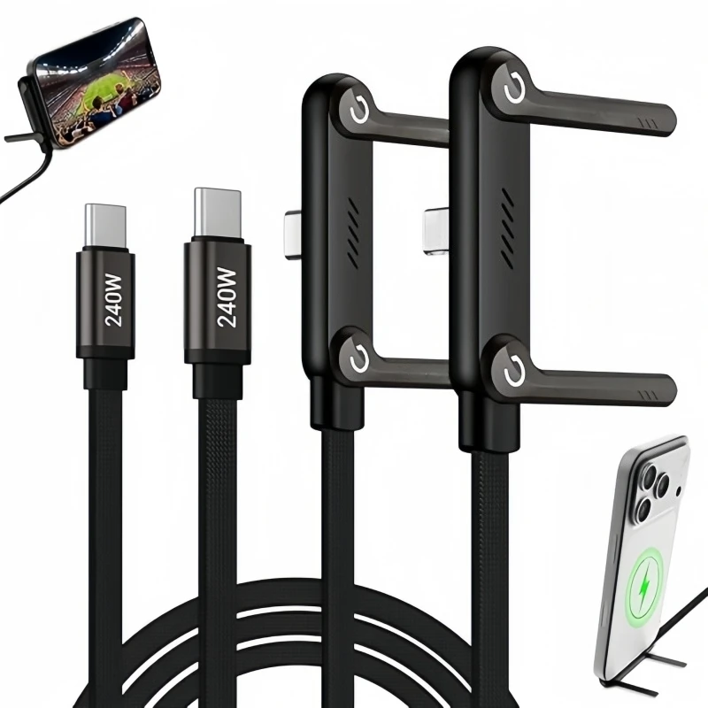Cabo de Dados Dobrável com Carregamento Rápido 240/65W e Suporte 2 em 1 para Celular e Tablet - Tipo-C para Tipo-C / USB-A para Tipo-C