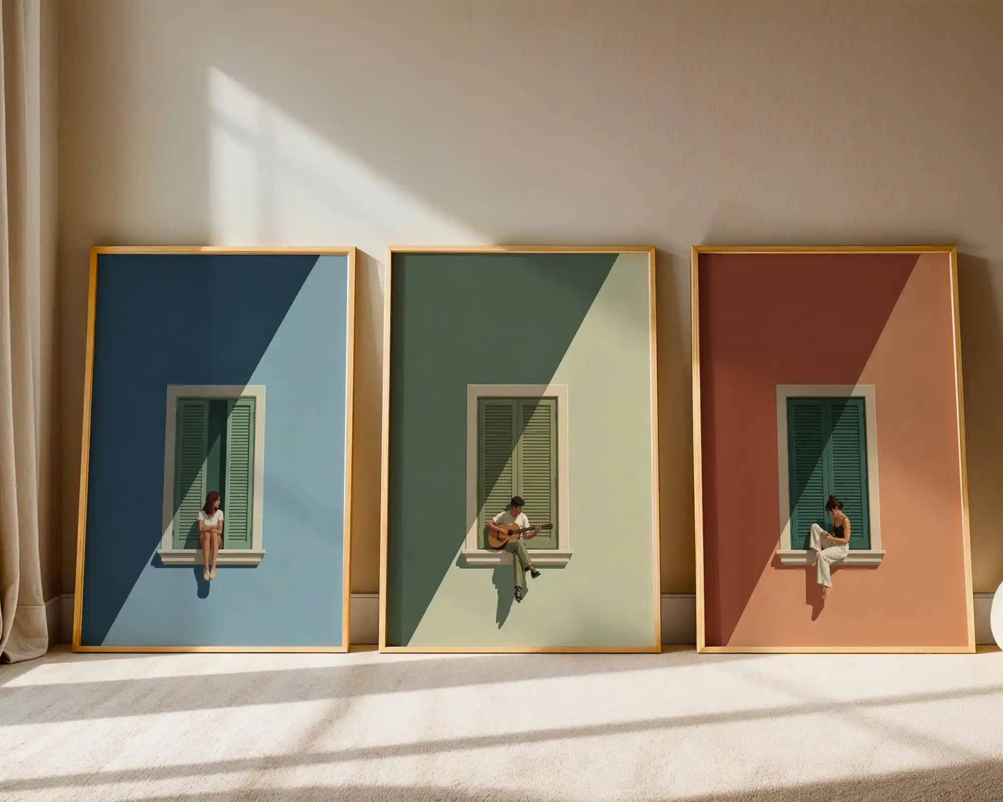 Mediterranean Window Wall Art Set of 3, Minimalist Sun Shadow Prints, People on Windowsill Posters,Modern Living Room Decor,Gift