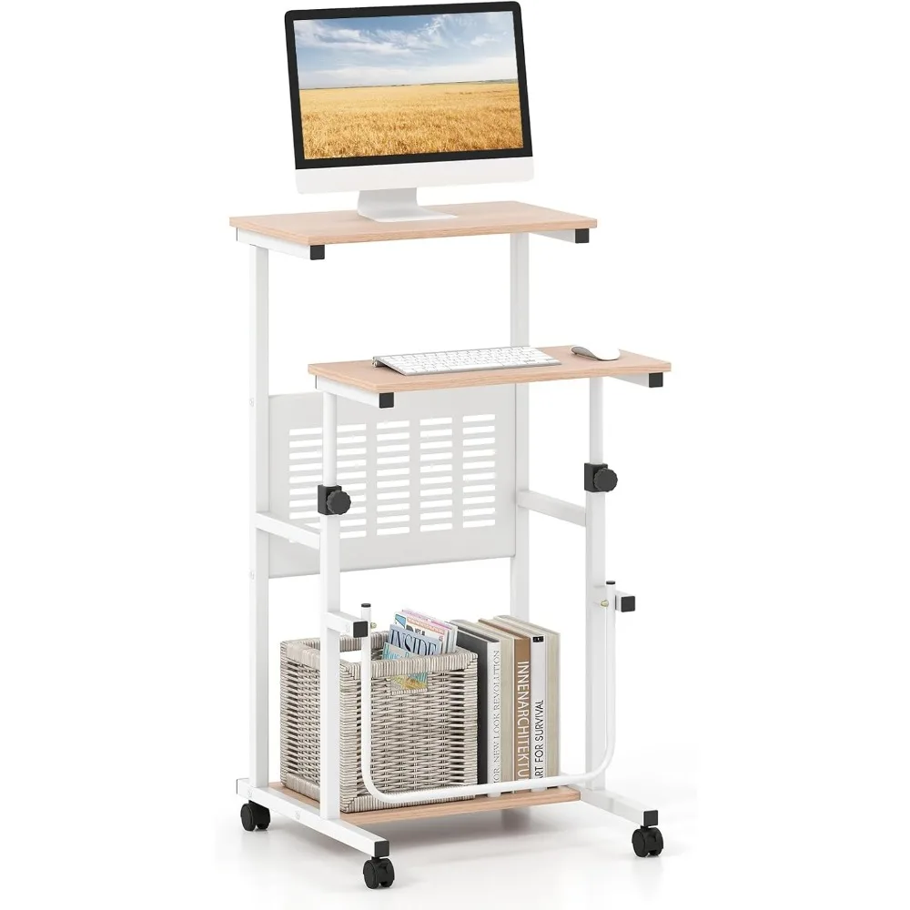 

Premium Adjustable Standing Desk, Mobile Rolling Computer Desk with Storage Shelf, Portable Laptop Table with Footrest