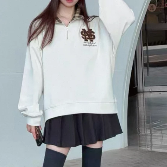 

Свободный крой клетчатый свитшот с воротником-молнией и вышивкой Sweet Sle, японский дизайн, Новое поступление, весна 2025, женская мода...