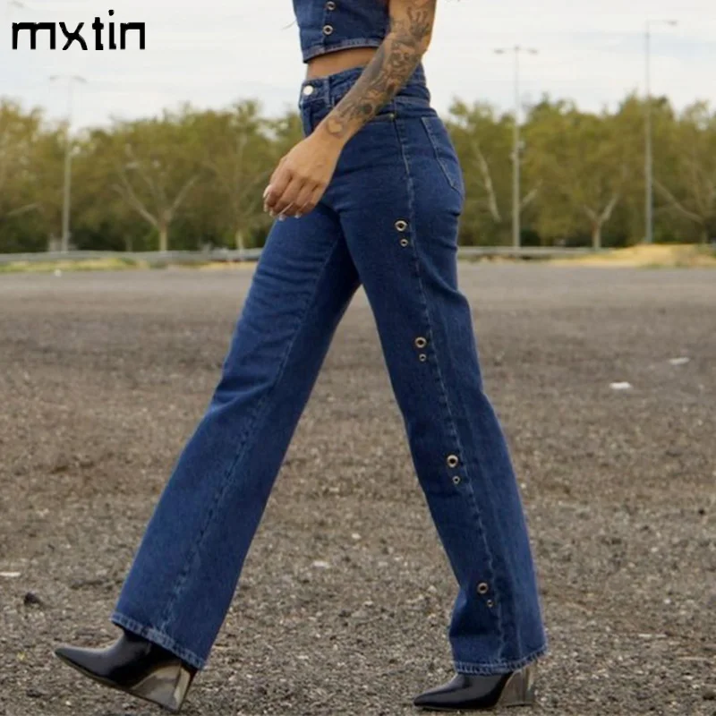 Women's Autumn Vintage Blue Pocket Jeans Pants Fashion Spring Straight High Waist Streetwear Female Trousers Pantalones De Mujer