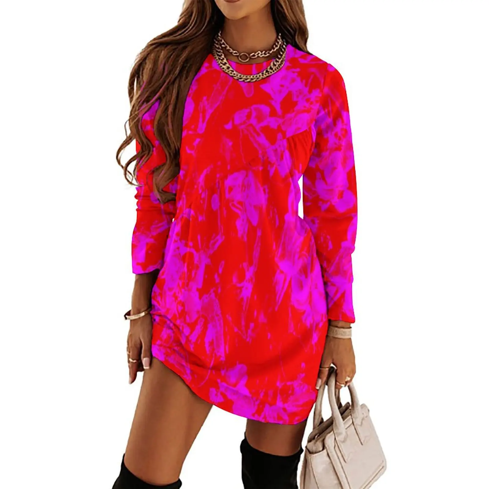 

The Pink and Red Floral Motives with Pink Flowers Long Sleeved Dress clothing women summer 2024