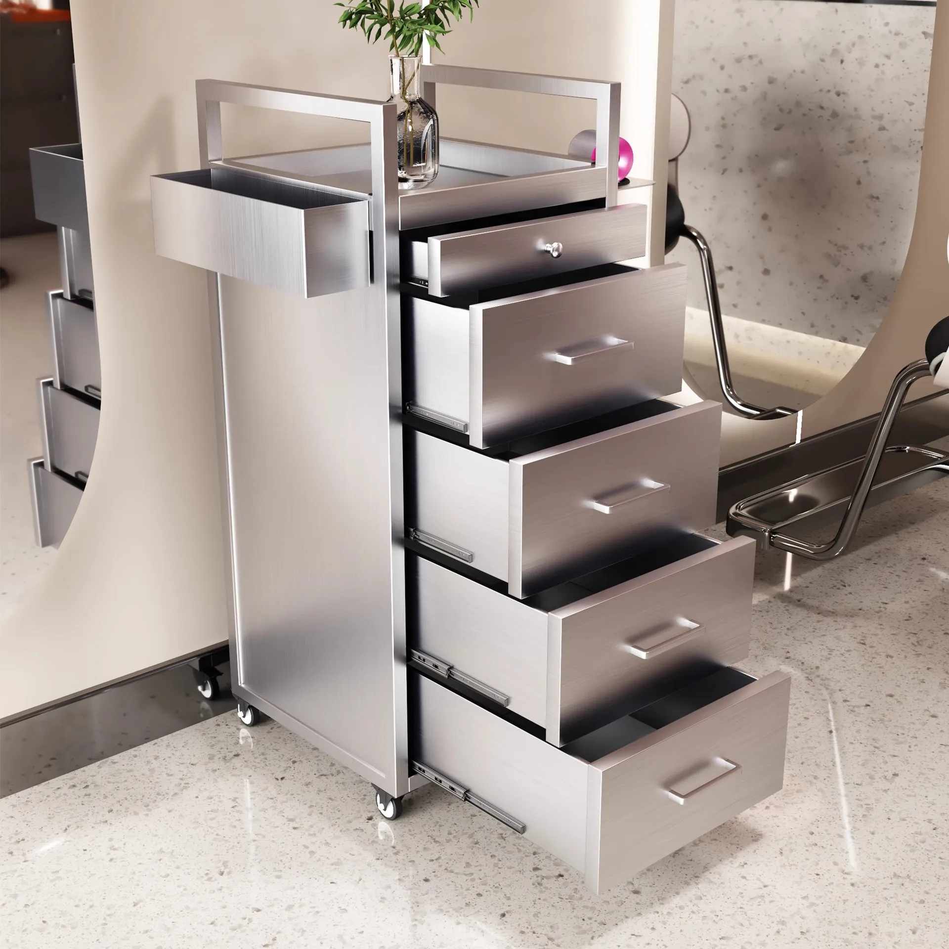 AOLIVIYA Haircut Shop Auxiliary Tools Cart Stainless Steel Beauty Salon Barber Trolley Drawer Storage Cabinet