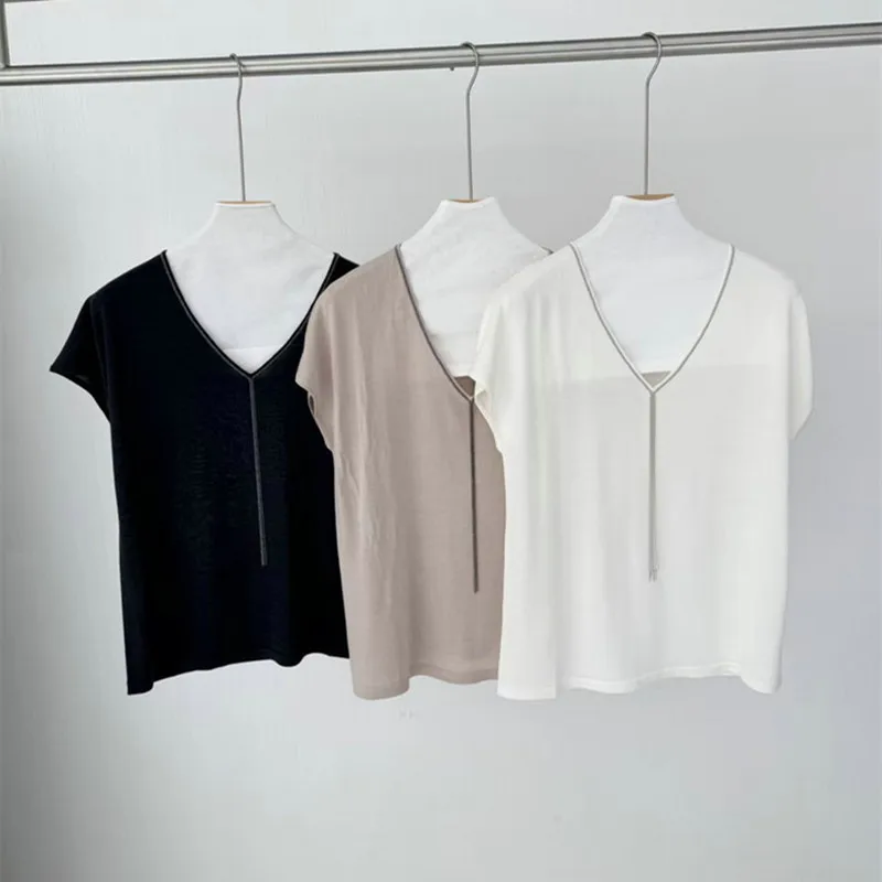 Women's Spring Summer New V-neck Bead Chain Knitted Shirt Fashion Versatile Short Sleeve Top