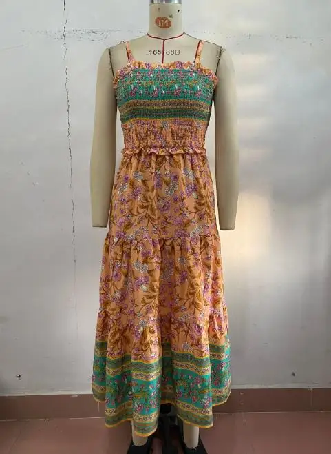 

Women's Dress 2025 Fashion Spring/summer Latest Hot Selling Ethnic Style Printed Ruffle Edge Camisole Dress with A Hanging Feel