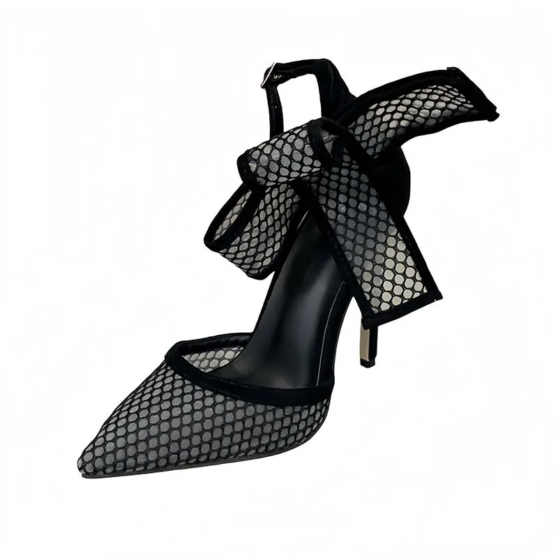 

Black Stiletto Heels 11cm Woman Mesh Pointed Toe Shoes Summer High Heels Sexy Party Dress Shoes Big Bow Ladies Pumps 2026 New