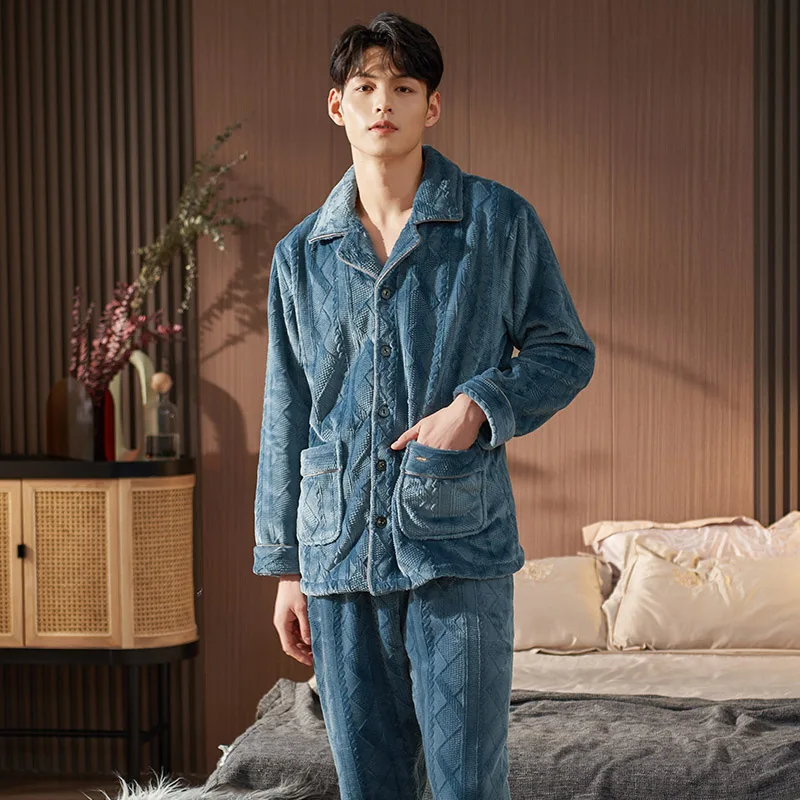 Thick Velvet Coral Fleece Pajamas Men Warm Flannel Jacquard Long-Sleeved Autumn And Winter Home Service Suit Pyjamas Male M-XXXL