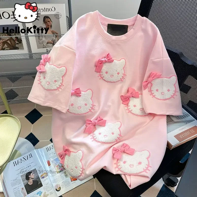 

Tiktok Flocked Pink Hello Kitty Short Sleeve T-shirts for Women Sanrio Summer Sweet Girl Loose Design Top Ins Style Clothing