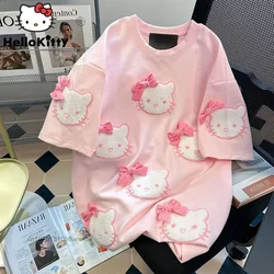 Tiktok Flocked Pink Hello Kitty Short Sleeve T-shirts for Women Sanrio Summer Sweet Girl Loose Design Top Ins Style Clothing