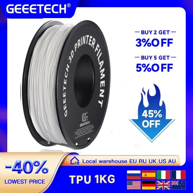 GEEETECH 3D TPU Flexible Filament TPU material 1kg 2.2LBS/Spool 1.75mm Plastic Vacuum Packaging, Non-Toxic High Quality Safe