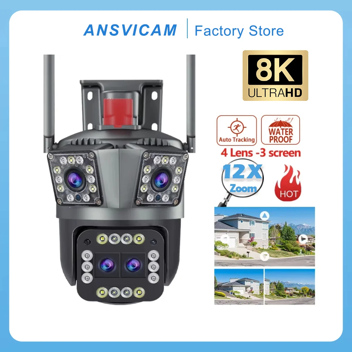 8K 16MP HD Outdoor WiFi Camera 12X Zoom Triple Screen Auto Tracking for Enhanced Security 4K PTZ Video Surveillance CCTV