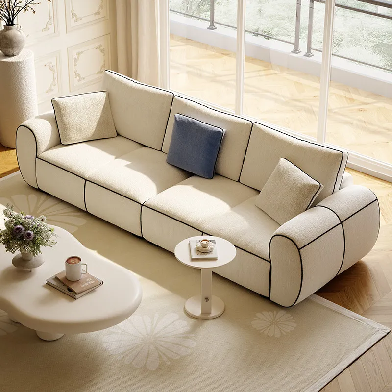 

#@French Cream Style Shantung Cloud Sofa, Small Apartment Designer Model, Living Room Reception Room Straight Three-seater Sofa