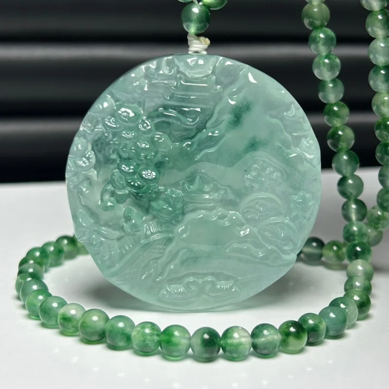 Certified Natural AA Ice Green  jade Jadeite Carved landscape Pendant&Necklace