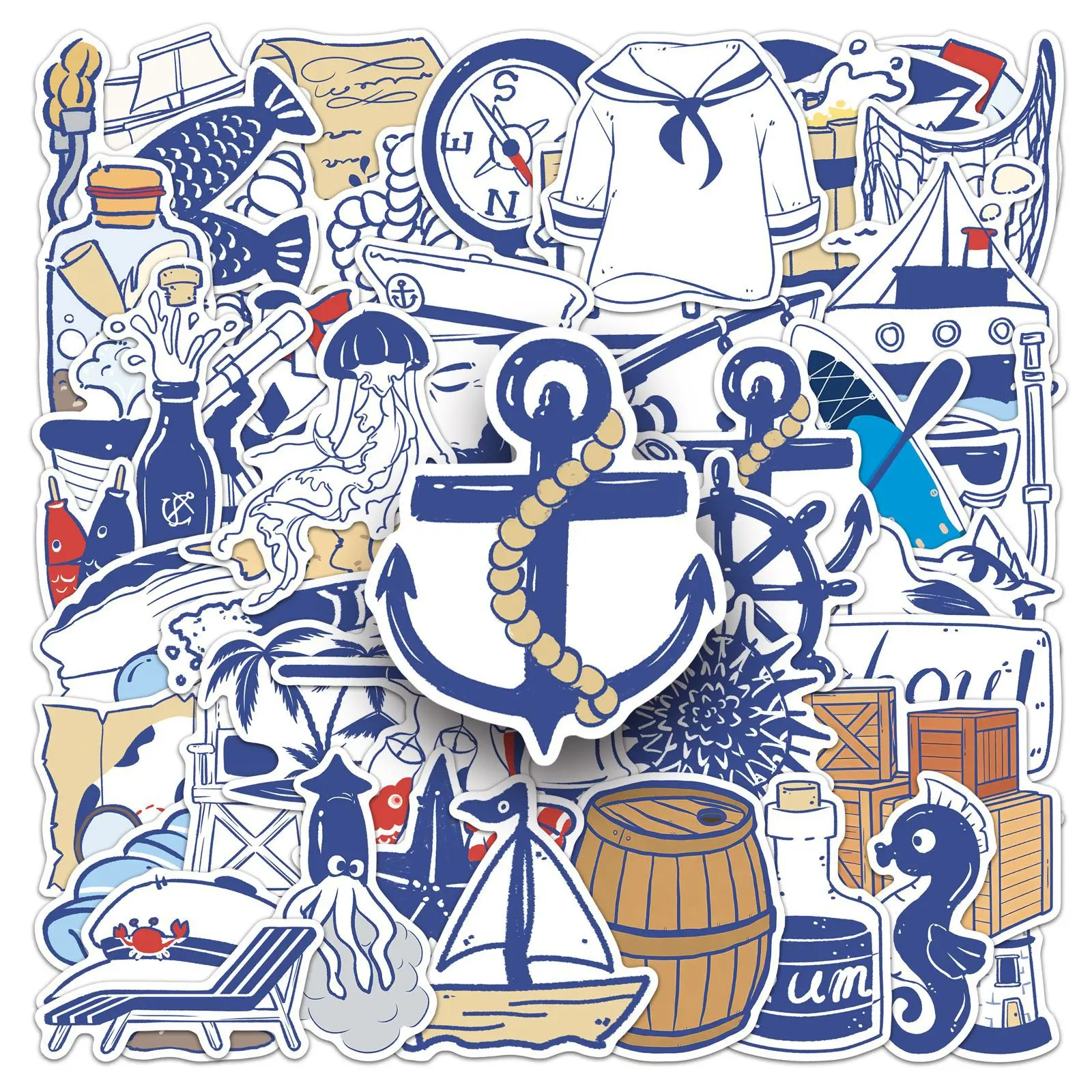 

10/50PCS Blue Sailor Style Cartoon Stickers Navy Hand Drawn Graffiti Decoration DIY Toys Laptop Guitar Car Bike Skateboard Decal