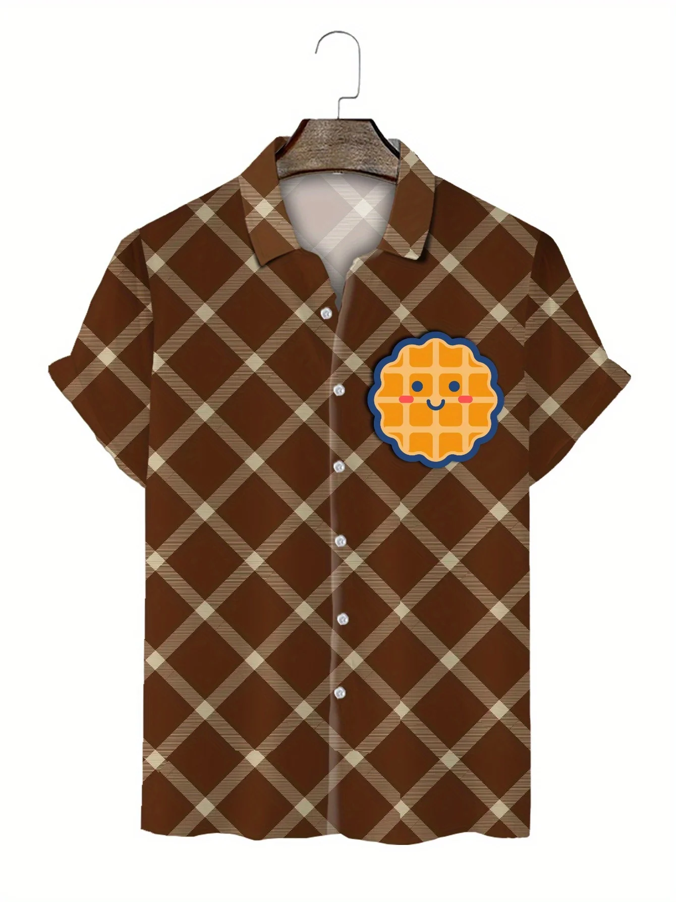 

en's Lightweight Casual Shirt With 3D Printed Waffle & Orange Patch Design - Brown/Black/, Machine Washable, 2025