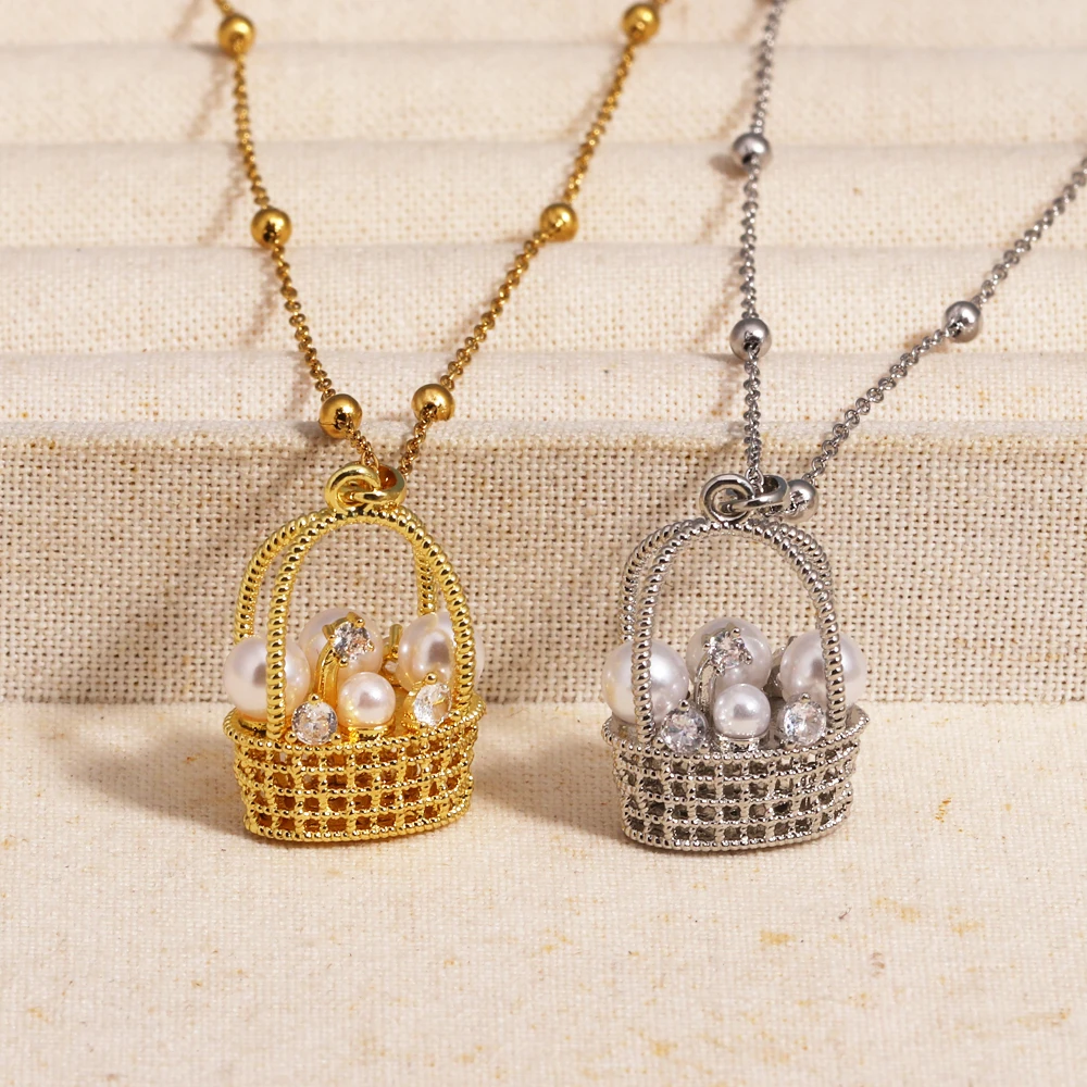 Edelstahl-Anhängerkette, 18 Karat Gold, versilbert, Zirkon, Gold, gewebt, aushöhlen, Perle, Blumenkorb, Farbbeständigkeit, Halskette