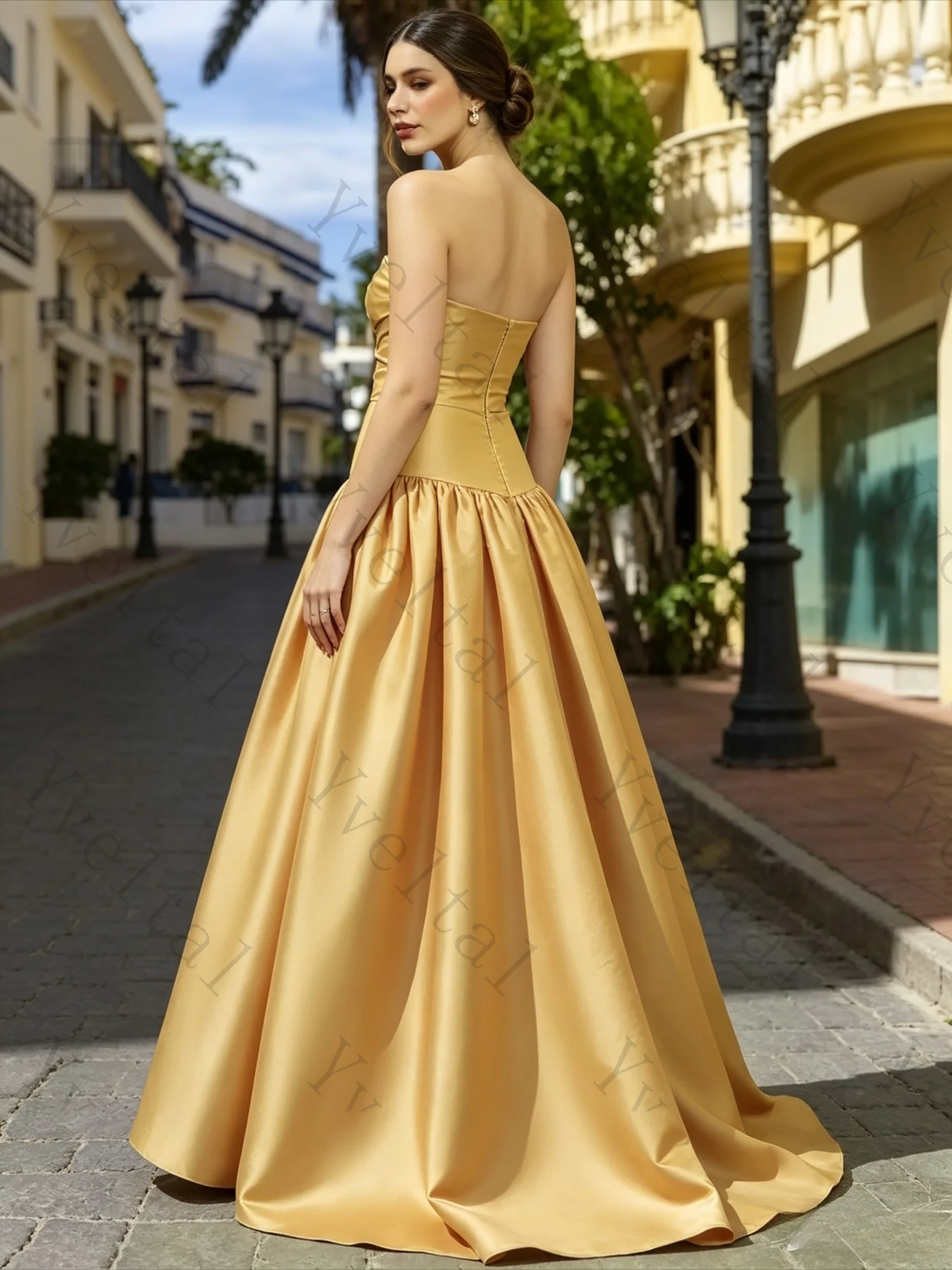 Customized Women's Elegant Strapless Evening Dress Ring Cutout High Waist A Line Flowy Floor Formal Gown for Wedding Occasions