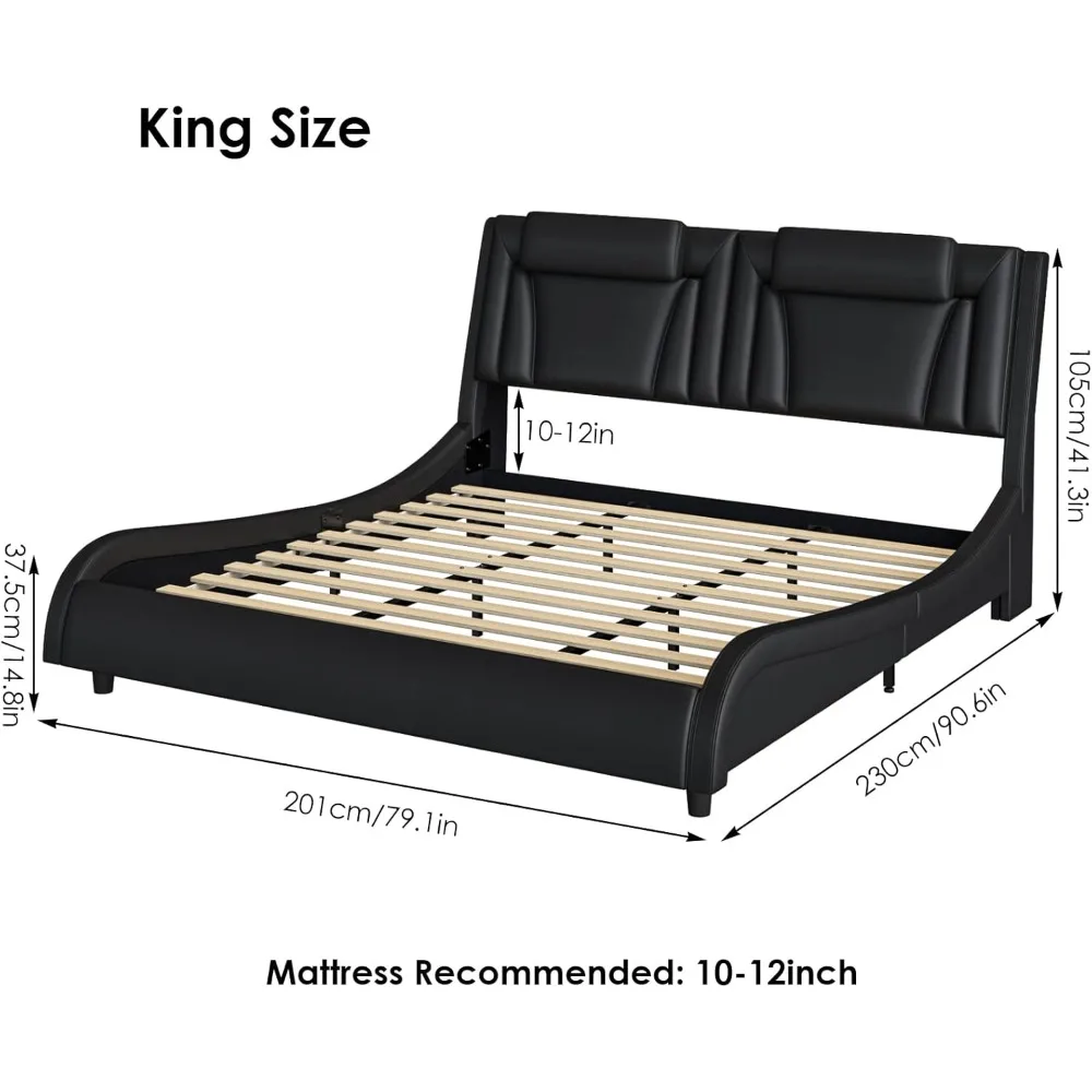 Bed Frame, King with Adjustable LED Headboard, Wave Curve Design and Wood Slat Support, No Springs Required, Platform Bed Frame