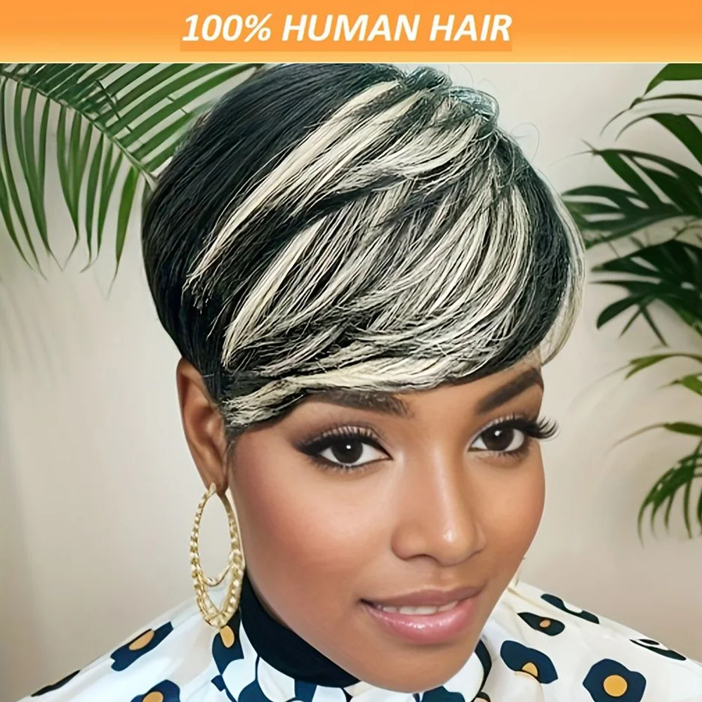 شعر مستعار قصير مستقيم بقص عابث أسود ورمادي بوب مع غرة، شعر مستعار بشري مصنوع آليًا بالكامل للنساء ذوات البشرة السمراء