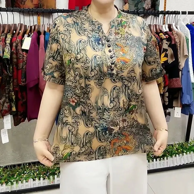 Stylish Printed Summer Short Sleeve Blouse Female Clothing Vintage Printed Casual V-Neck Button Commute Spliced Straight Shirt