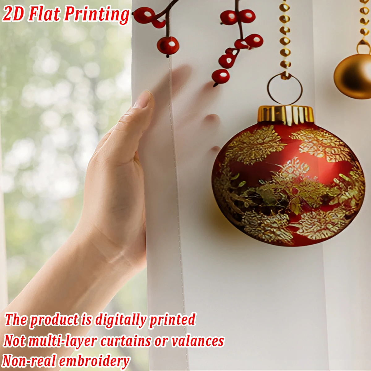 ستارة شفافة مطبوعة مسطحة لعيد الميلاد مع حلي عيد الميلاد، بونسيتة، توت هولي، لديكور نوافذ باب المنزل لعيد الميلاد