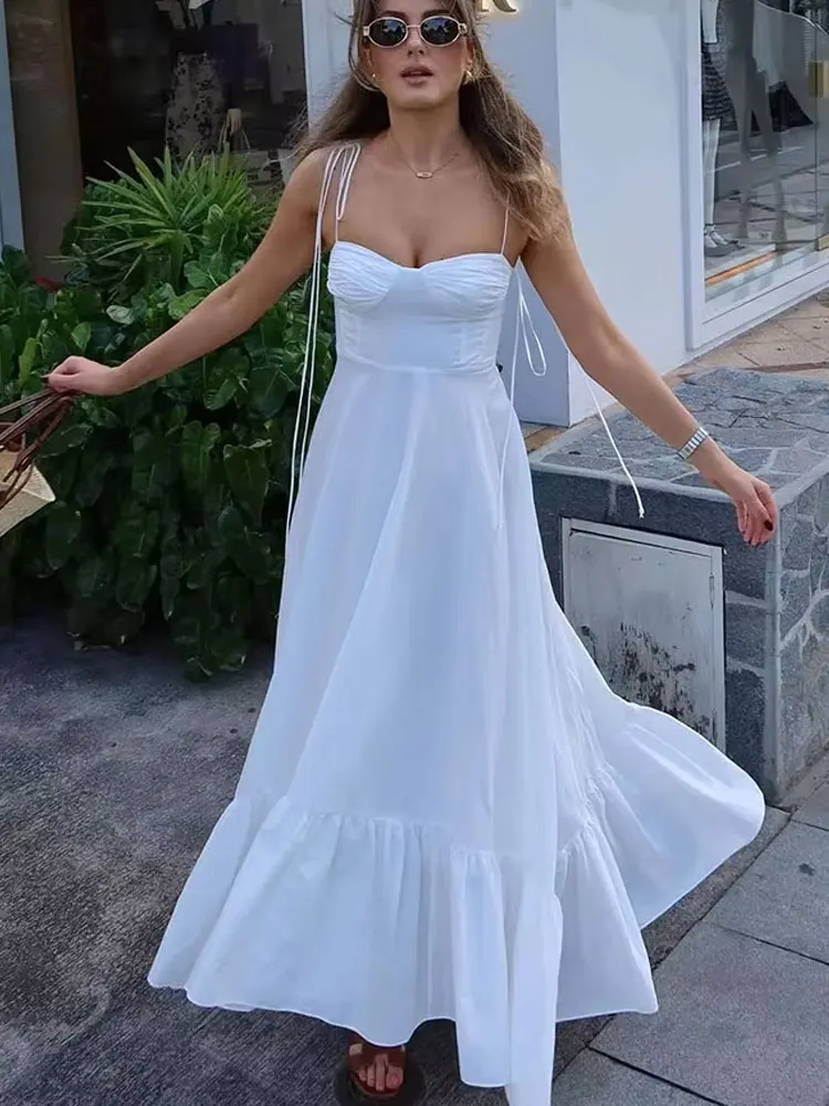 HH Woman Fashion Summer Chic Long Dresses White Sling Sleeveless Backless Lace-Up Decoration Zipper Female Beach Style Dress