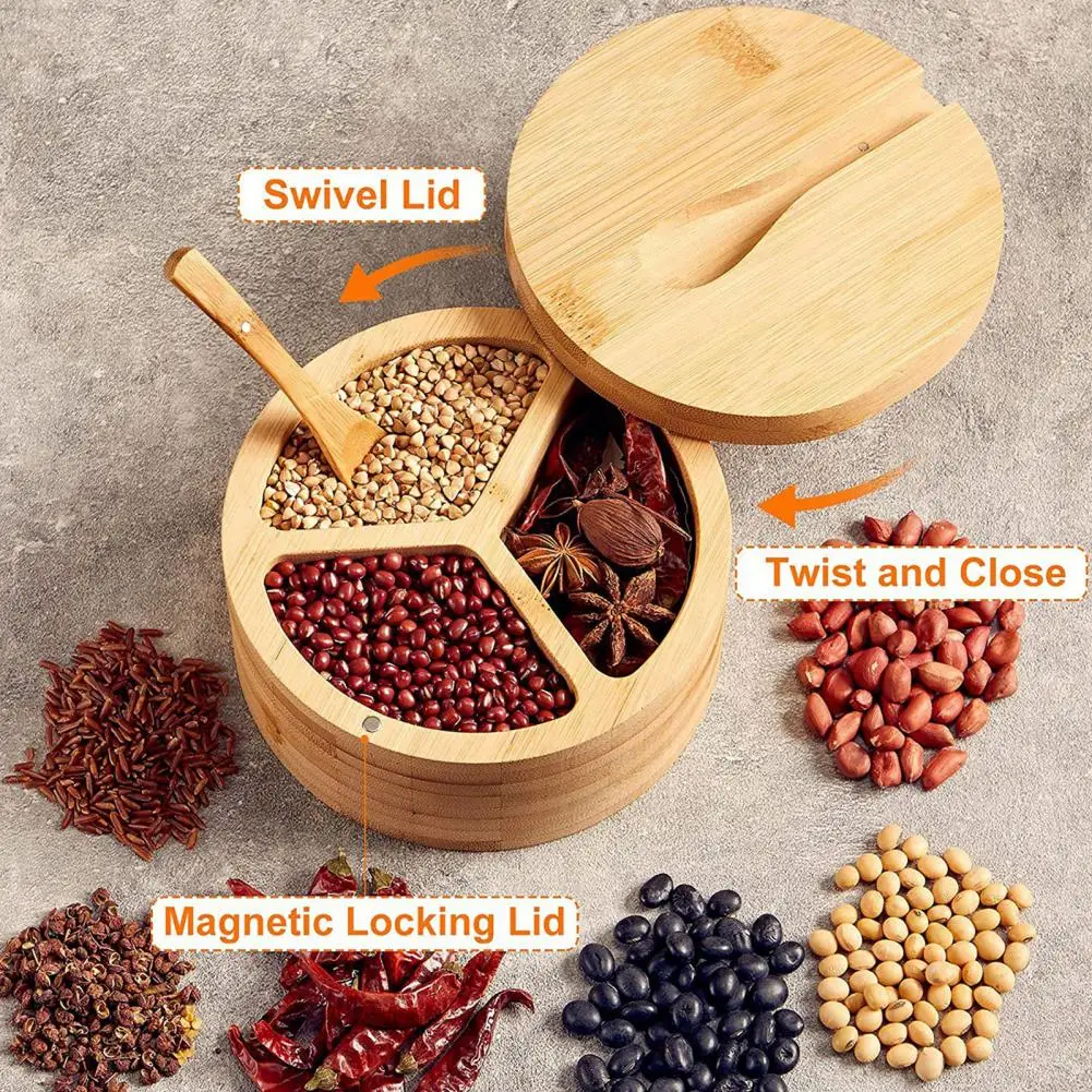 Bamboo Seasoning Storage Box with Magnetic Swivel Lid Salt Cellar Pepper Sugar Spice Round Container Bowl Kitchen Gadgets