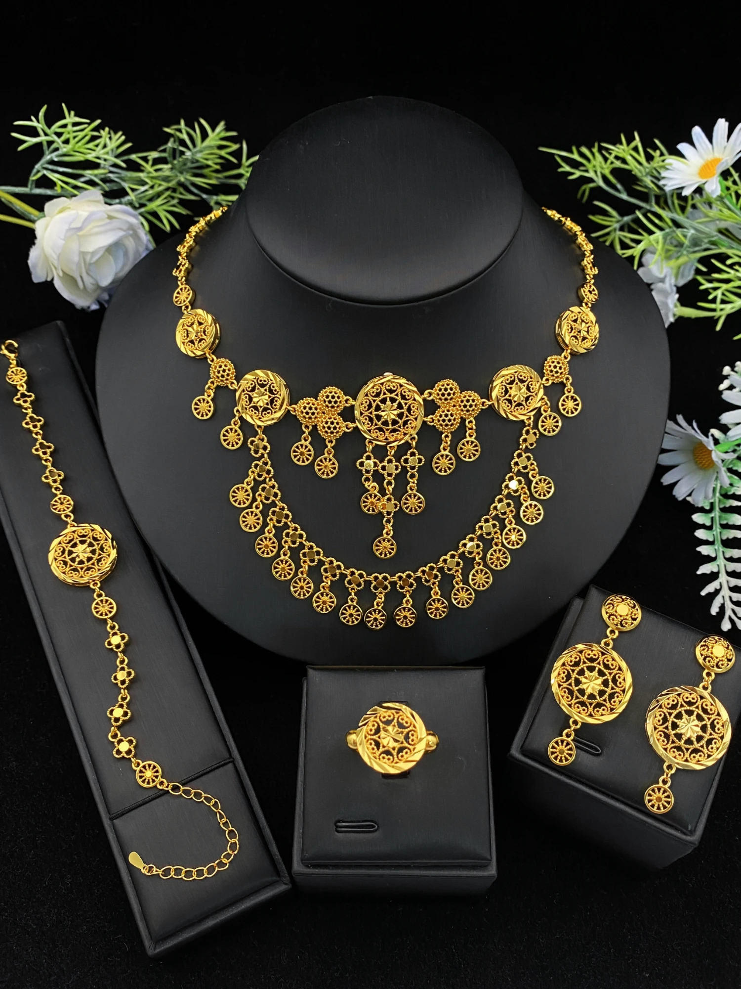 JRH Dubai Gold Plated Necklace Earrings Ring Bracelet Arabian Traditional Vintage Jewelry Women\'s Set Bridal Wedding Jewelry