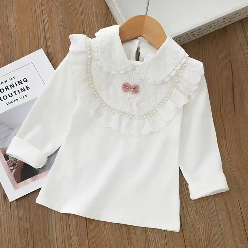 Girls White T-shirt top Autumn Children\'s Lapel Shirt Middle And Big Girls Standing Collar Lace Long-sleeved Bottom Shirt