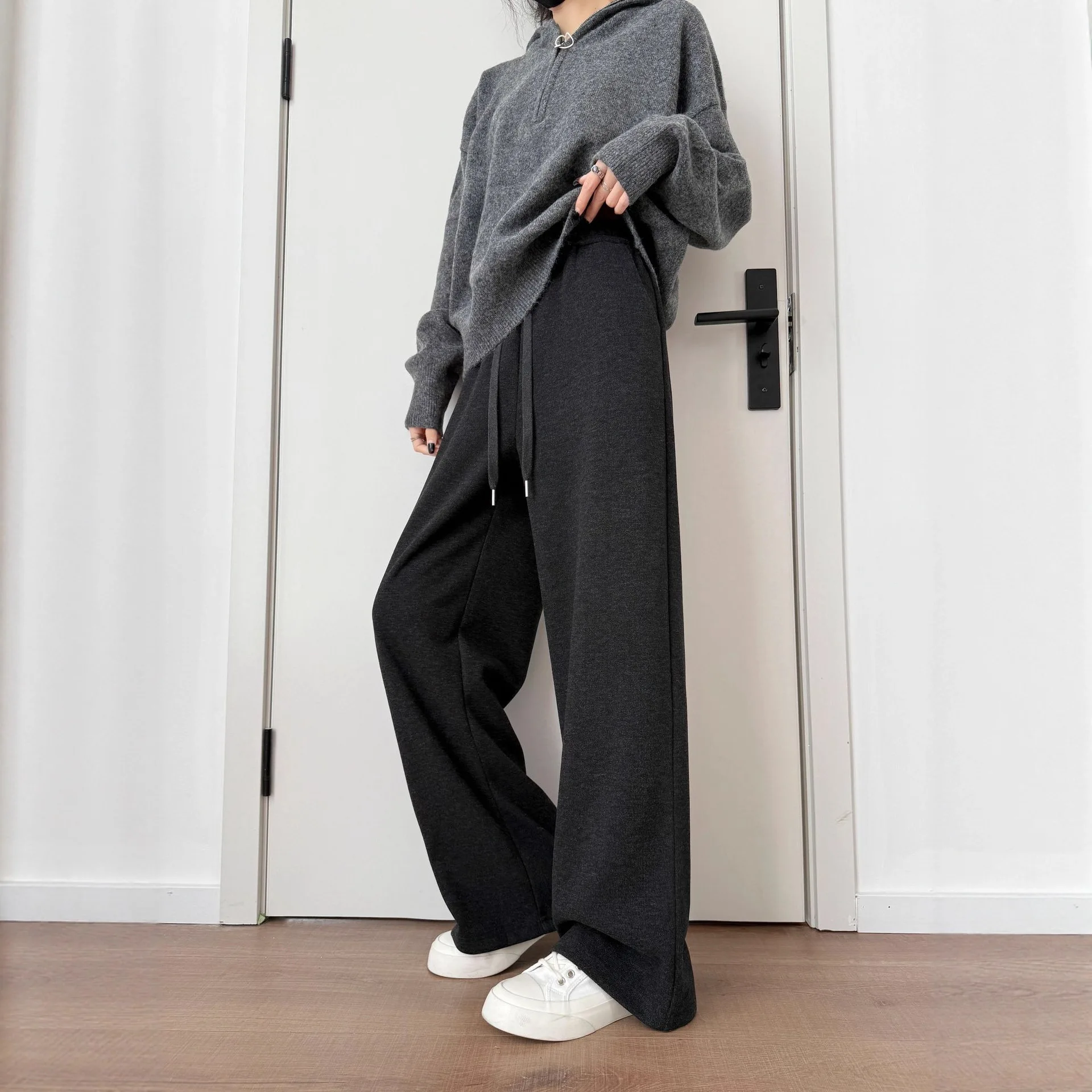 Black Gray Wool Pants 2025 Autumn and Winter Women's Wide-leg Pants Drape Glutinous Rice Straight Casual Pants
