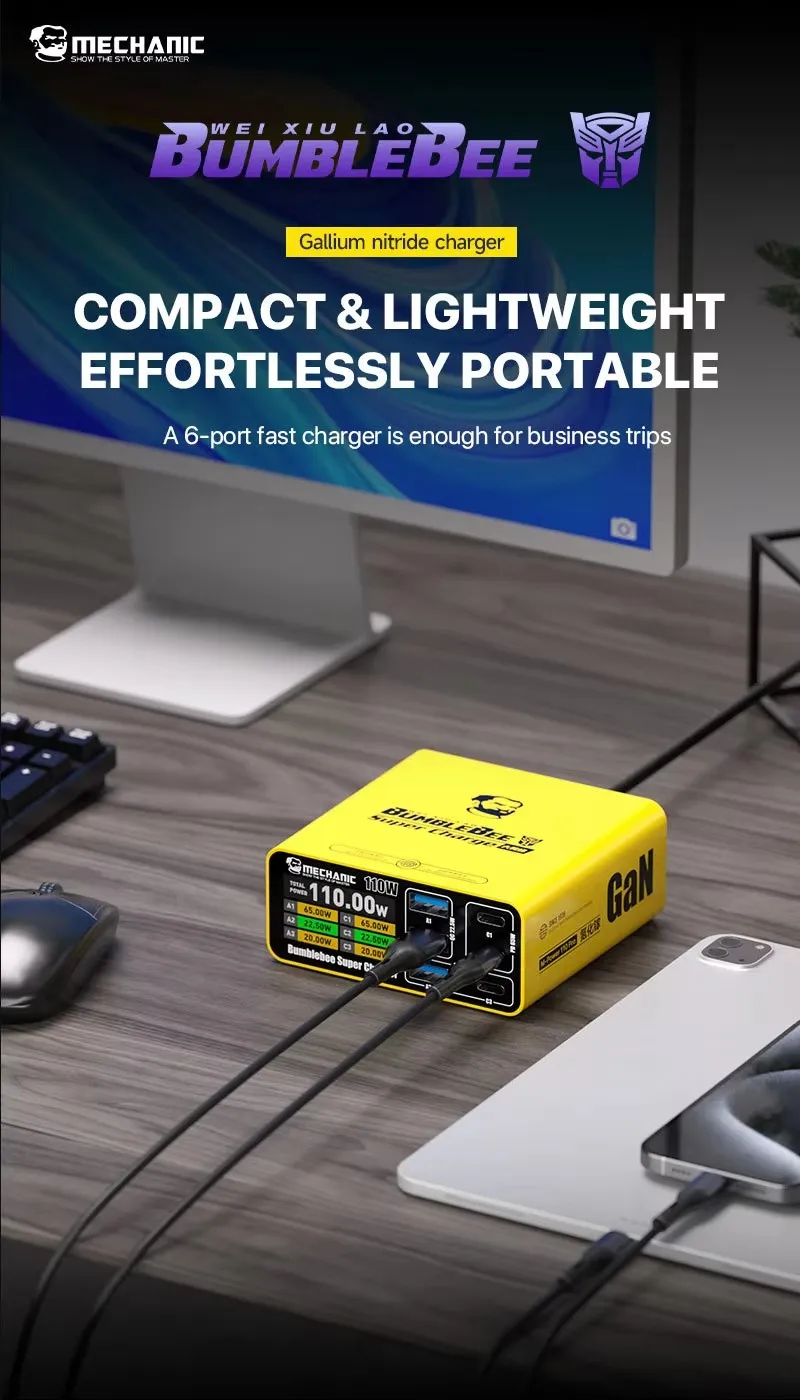 MECHANIC M-POWER 110 Pro 6-Port GaN Fast Charger 110W Multi Device Charging Station for Phone Tablet iPad Repair Work Power Tool