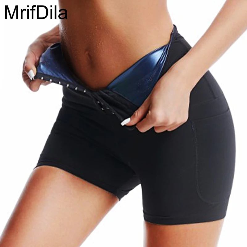 

MrifDila Buckle Closure Pocket Sauna Shorts Women's Sweat Compression Leggings Weight Loss Fat Burning Heat Trapping Body Shaper