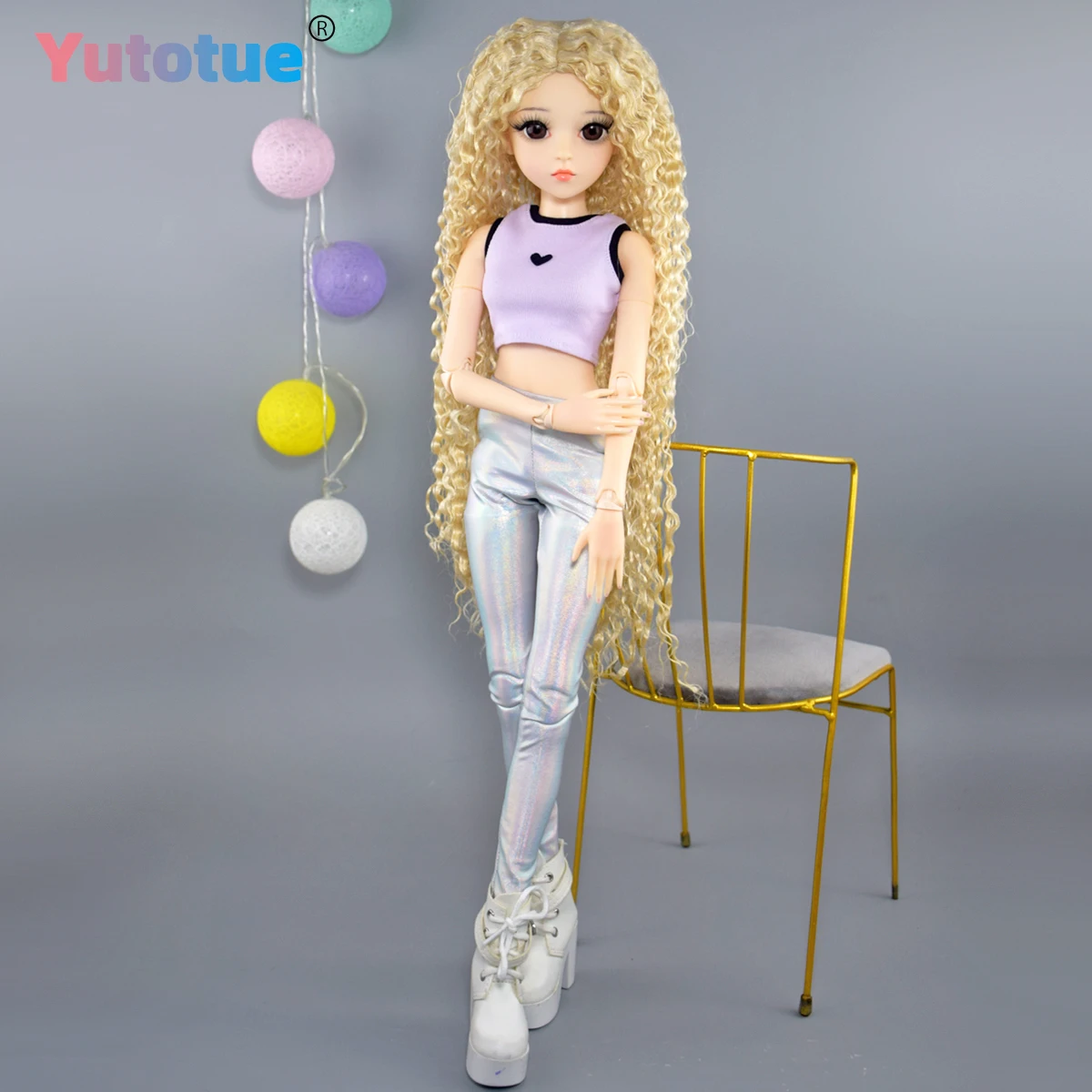 YUTOTUE 1/3 BJD Doll Toy 24 inch Height Fashion Doll Female Joints Body with Vest Pants Shoes Blonde Curly Wigs