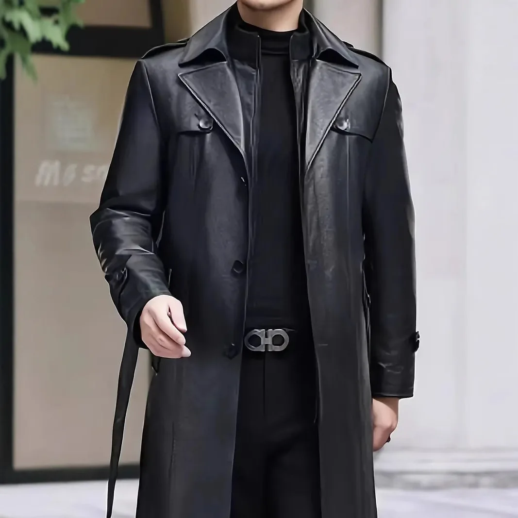2025 New Men Black PU Long Lapel Leather Coat Autumn Winter Casual Trench Coat Mid Length Fashion Outerwear