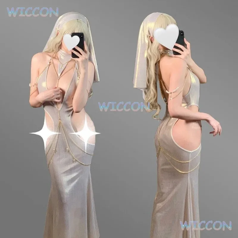 

Оригинальный дизайн, металлическое платье с цепочкой для тела, монахиня, косплей, сексуальная жидкая юбка Saint Of Light с подвеской на шею, облегающая юбка на бедрах