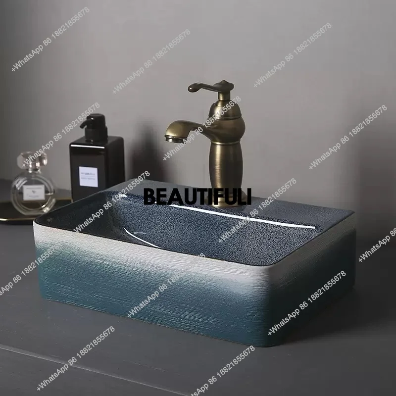 Blue Gradient Color Small Size Countertop Basin Ceramic Square  Bathroom Washbasin Home Single Basin Mini Washbasin Sink