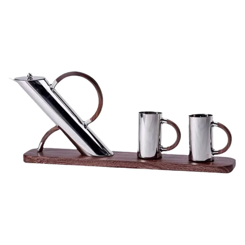 

Modern stainless steel chrome geometric tea set imitation wood long tray model room exhibition hall side cabinet