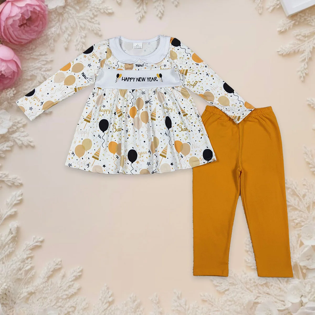 

Kids Set Baby Girl Embroidery Happy New Year Children Balloons Tunic Top Legging Pants Clothes Fashion Cute Outfits Wholesale
