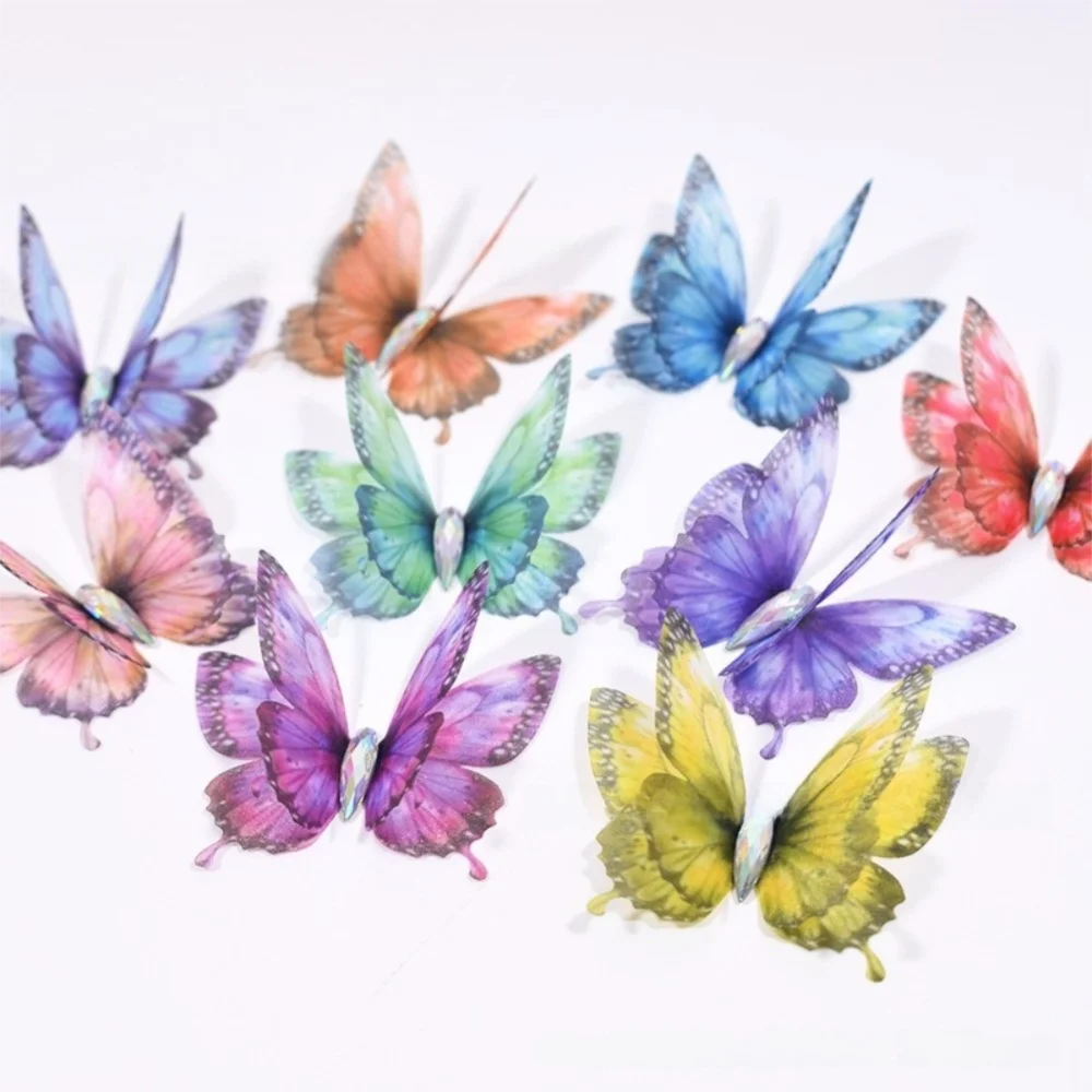 50Pcs 3D Organza Fabric Butterfly Appliques Colorful Double-layer Chiffon Tulle Butterfly Patches Translucent