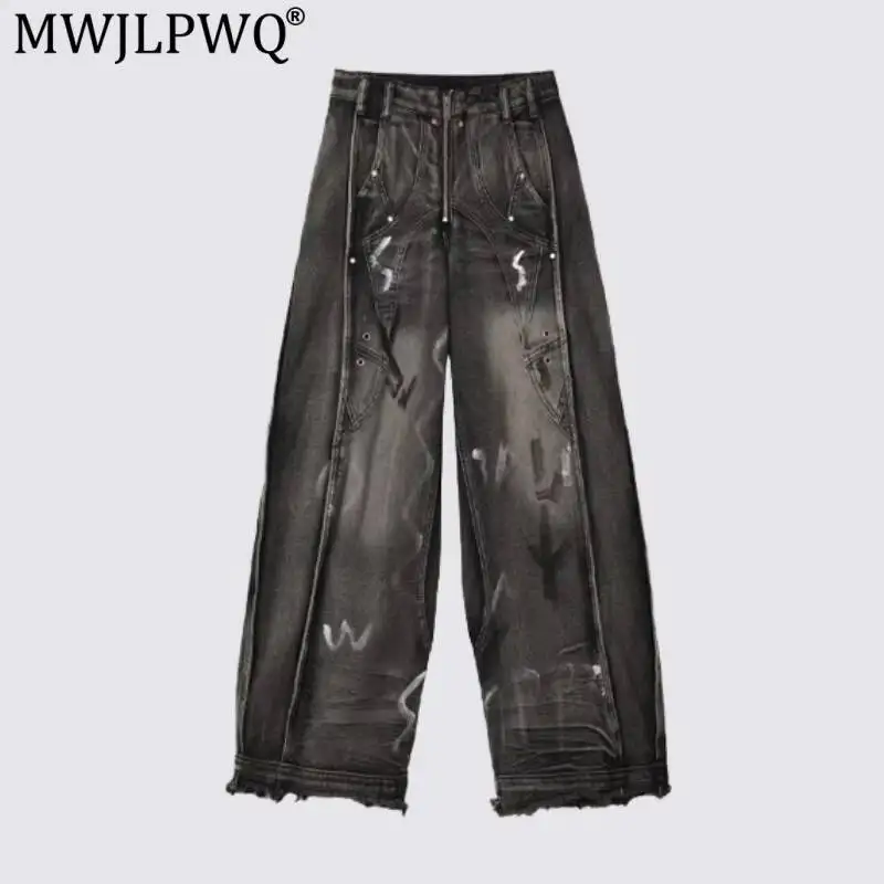 Calças Jeans Personalizadas em Patchwork para Homens e Mulheres, Estilo Novo, Jeans Vintage de Perna Larga, Heavy-Duty, Graffiti, Outono 20022