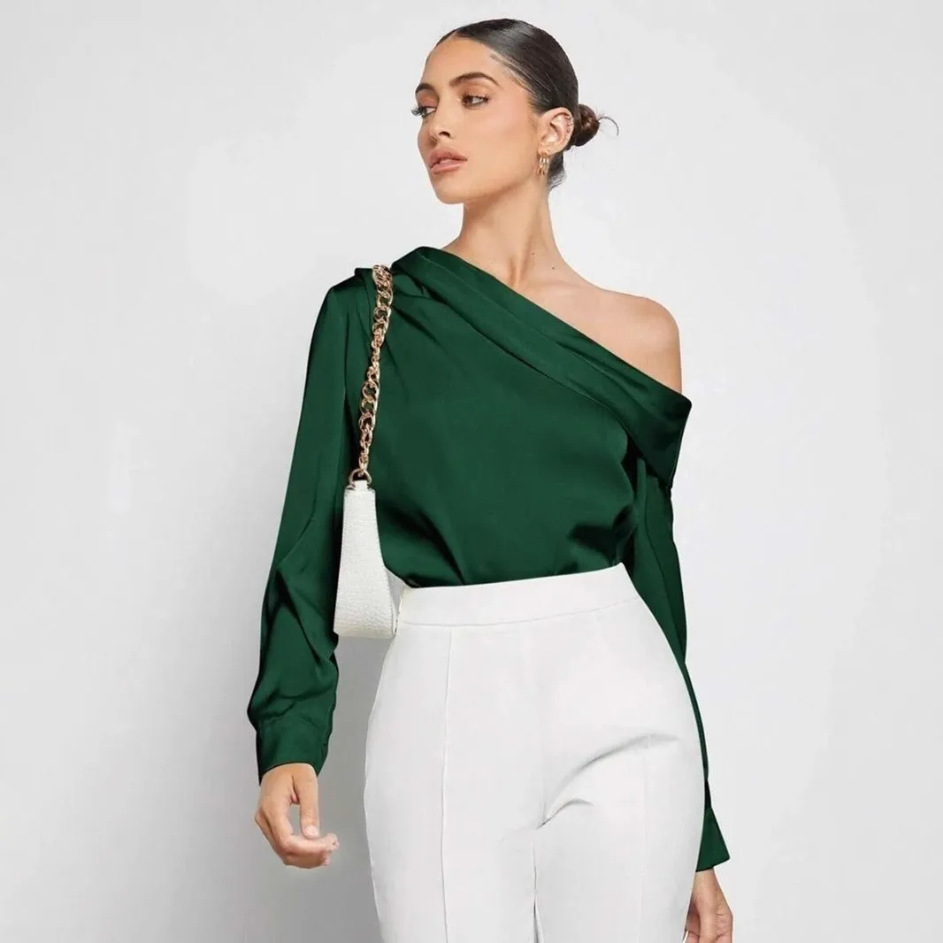 Women's Elegant Satin Off-Shoulder Asymmetrical Solid Color Collarless Pullover Blouse Women Shirt Shirts Draped Collar One